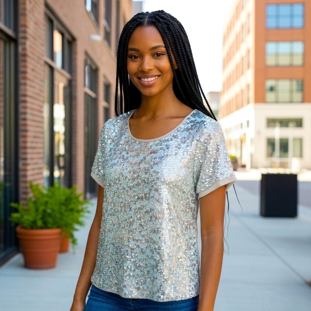 L'AGENCE Blue Ice Sequin Blouse